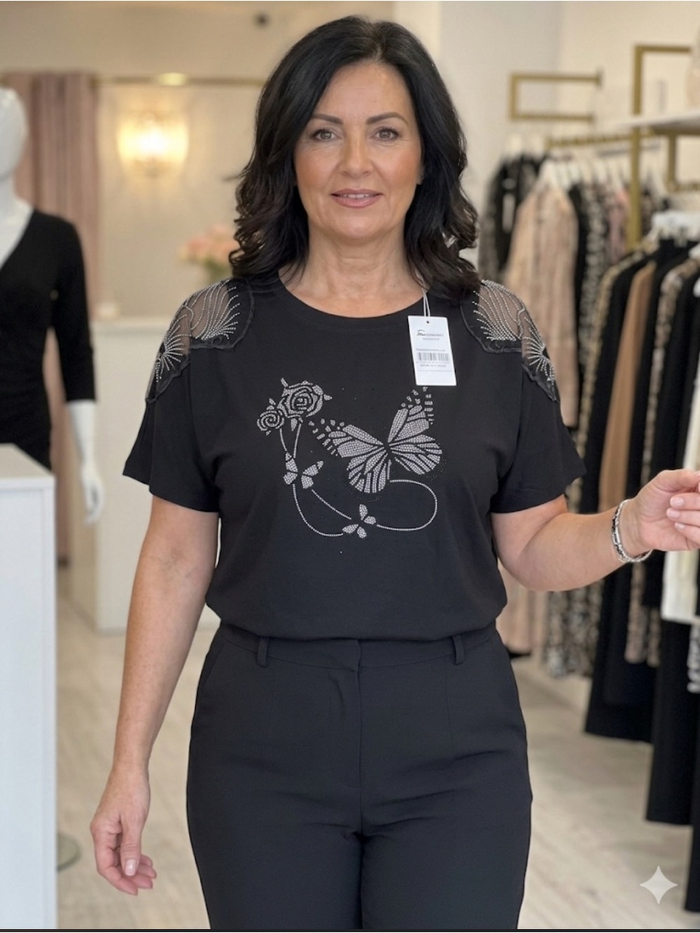 Danner Black Short-Sleeve Rhinestone Butterfly & Rose Tee